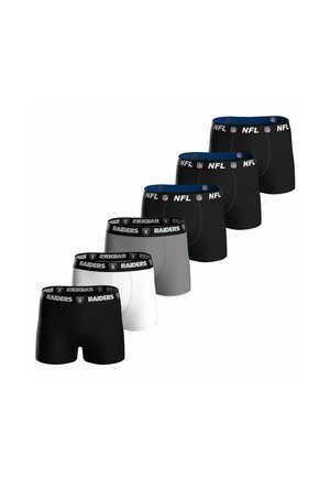 Fünf Paar Herren-Boxershorts in Schwarz, Weiß und Grau mit Bundstreifen von Raiders oder NFL, angeordnet in zwei Reihen.