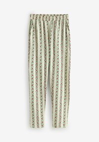 Brīvi pieguļoši bikses ar elastīgu vidukli, ar vertikālām sarkanā zieda un zaļo vīnogu kātiņu svītrām uz bēša fona.