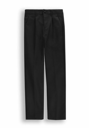 Czarne, dopasowane spodnie z przednimi plisami, bocznymi kieszeniami, zapięciem na guziki i prostymi nogawkami, przedstawione na białym tle.
