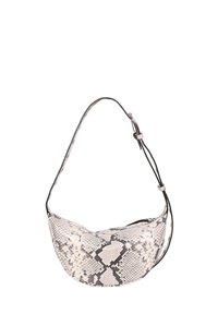 Hobo bag with a curved shape featuring a white and grey snakeskin pattern. Made of faux leather with a black adjustable strap.