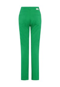 Pantalon droit vert avec une texture lisse, deux poches arrière et une ceinture. Pas de logo ou de motifs visibles.