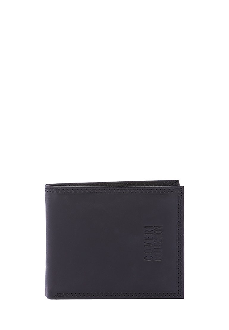 Zwarte leren portemonnee met een bifold ontwerp, voorzien van zichtbare stiksels en een reliëflogo aan de voorkant. Soepele textuur, compacte vorm.
