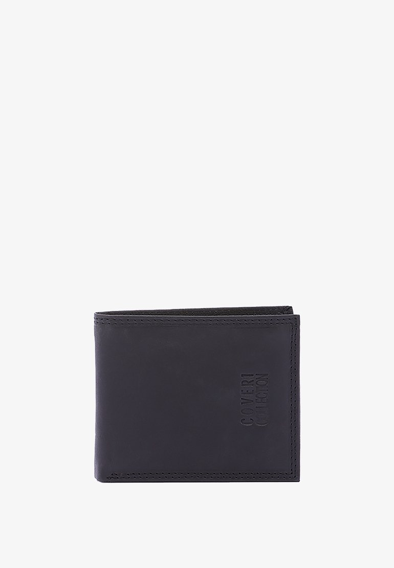 Portefeuille en cuir noir avec un design plié en deux, présentant des coutures visibles et un logo en relief sur le devant. Texture lisse, forme compacte.