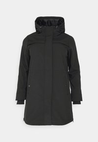 Veste à capuche noire avec fermeture éclair, poches latérales et poignets élastiques, fabriquée à partir d'un matériau lisse et résistant aux intempéries.