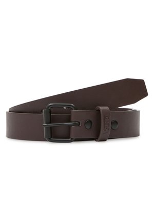 Brown leather belt with a smooth texture and a black metal buckle. Features a branded loop and a tapered end design.