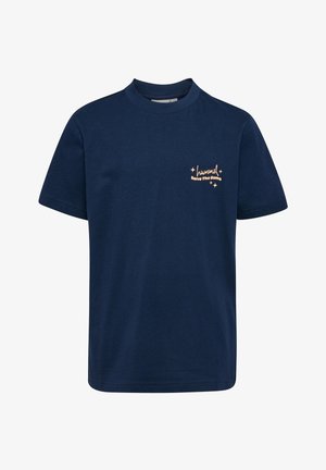 Marineblå t-shirt med korte ærmer og en lille beige "hummel save the game"-logo med stjerneaccents på venstre bryst.