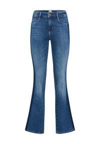 Uitlopende blauwe spijkerbroek van denim, met een hoge taille, vijf zakken en subtiele vervaging voor een textuurrijke uitstraling.