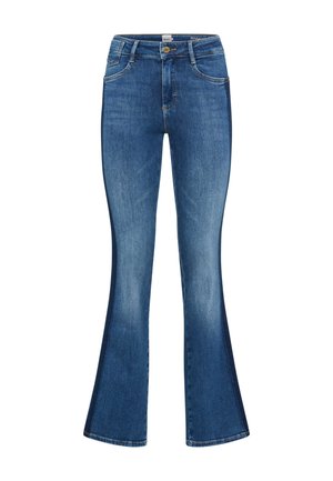 Ausgeweitete Bluejeans aus Denim, mit hoher Taille, fünf Taschen und subtilen Ausbleichungen für ein strukturiertes Erscheinungsbild.