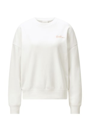 Fehér, hosszú ujjú, kerek nyakú pulóver bordázott mandzsettákkal, a bal felső mellrészen kis dőlt "Bellini" felirattal.