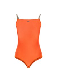 Costume da bagno intero arancione brillante con sottili spalline, caratterizzato da un dettaglio testurizzato. Tessuto liscio e design aderente per una silhouette slanciata.