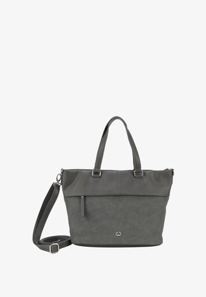 Borsa sintetica grigia con fondo texturizzato, parte superiore liscia, doppio manico superiore e tracolla removibile.