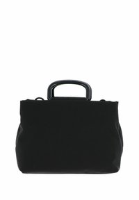 Sac à main en tissu noir avec une forme structurée, une poignée supérieure arrondie et des détails en zip. Texture lisse avec des accents minimaux.