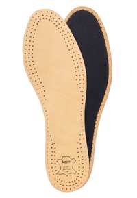 Leather insoles with tan perforated top layer and black underside. Features logo stamp and curved shape for foot support.