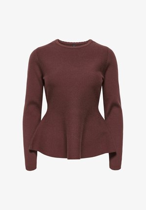 Maglia bordeaux a maniche lunghe in morbido tessuto a maglia, con scollo rotondo e orlo a peplo per una silhouette svasata.