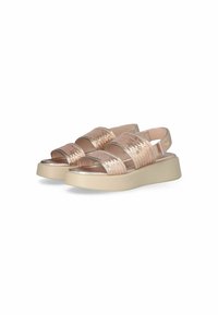 Rose gold sandals featuring three sequined straps, a supportive heel, and a chunky beige platform sole. Smooth finish and open design.