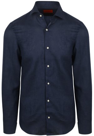 Navyblauwe linnen blouse met lange mouwen, met een puntige kraag, knoopsluiting aan de voorkant en een gestructureerde afwerking. Heeft witte knopen en een rechte zoom.
