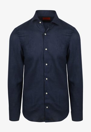 Himmelblaues Leinenhemd mit langen Ärmeln, spitzem Kragen, Knopfverschluss vorne und strukturierter Oberfläche. Verfügt über weiße Knöpfe und einen geraden Saum.