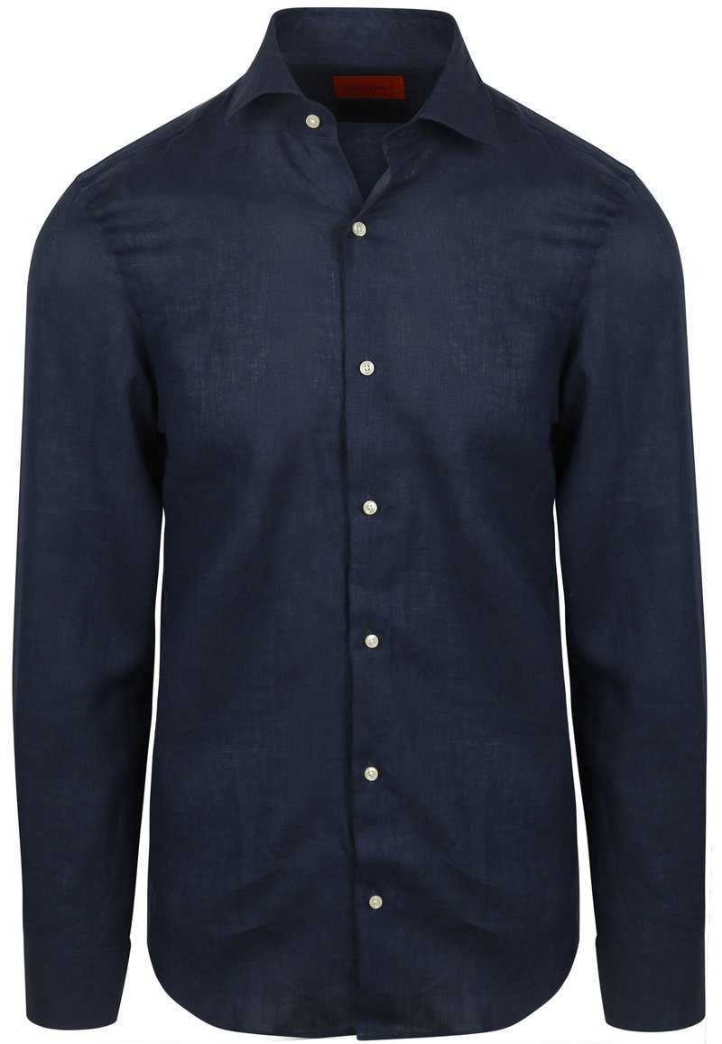 Navyblauwe linnen blouse met lange mouwen, met een puntige kraag, knoopsluiting aan de voorkant en een gestructureerde afwerking. Heeft witte knopen en een rechte zoom.