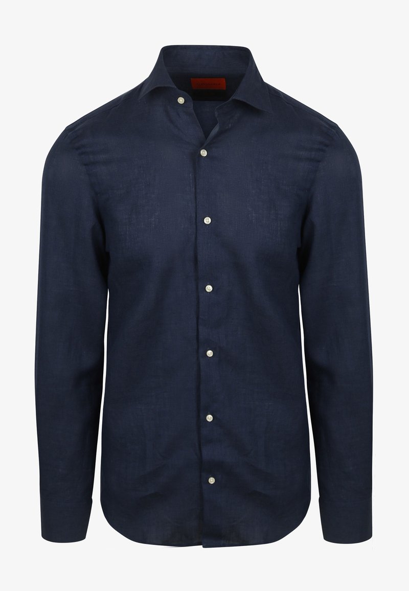 Navyblauwe linnen blouse met lange mouwen, met een puntige kraag, knoopsluiting aan de voorkant en een gestructureerde afwerking. Heeft witte knopen en een rechte zoom.