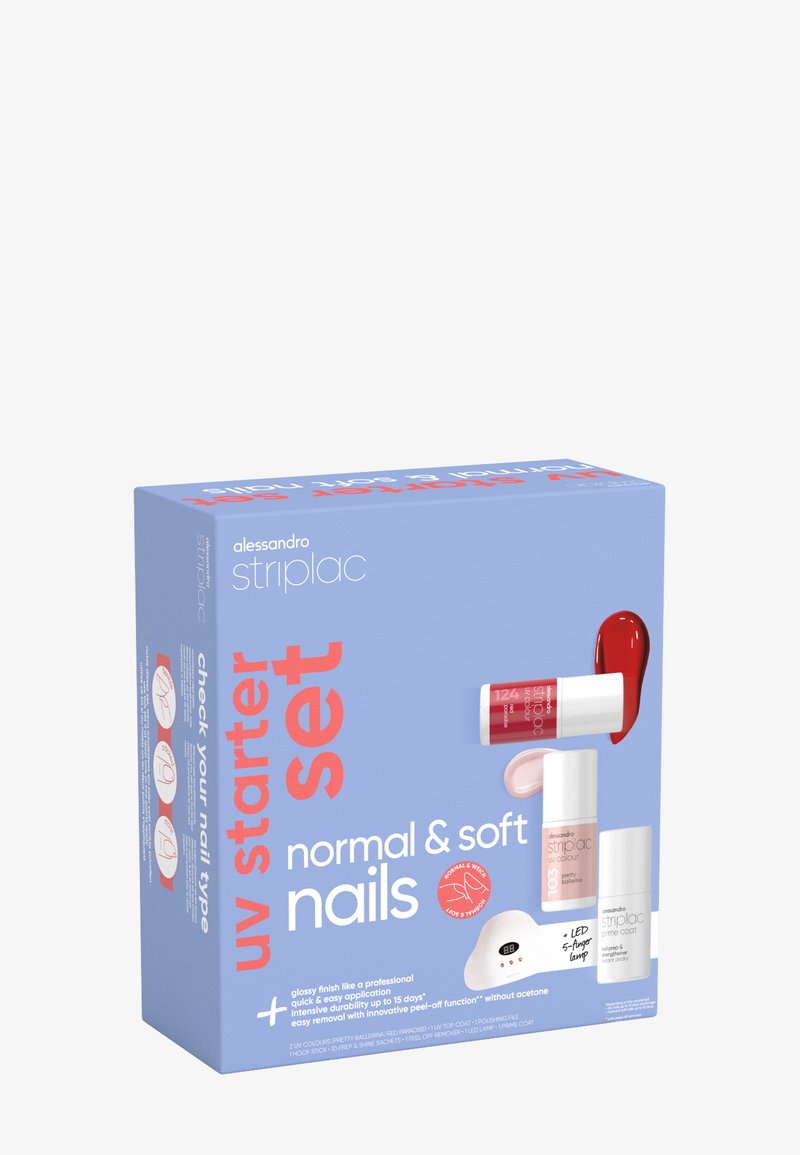 Il Set di Partenza UV in una scatola blu include vari prodotti per unghie: due colori per unghie (rosso e rosa), un top coat e una lampada LED per uso professionale.