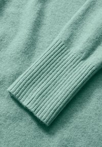 Hellgrüner Strickpullover mit Rippbündchen. Weiche Textur mit einem glatten Körperbereich, der Wärme und Komfort betont.