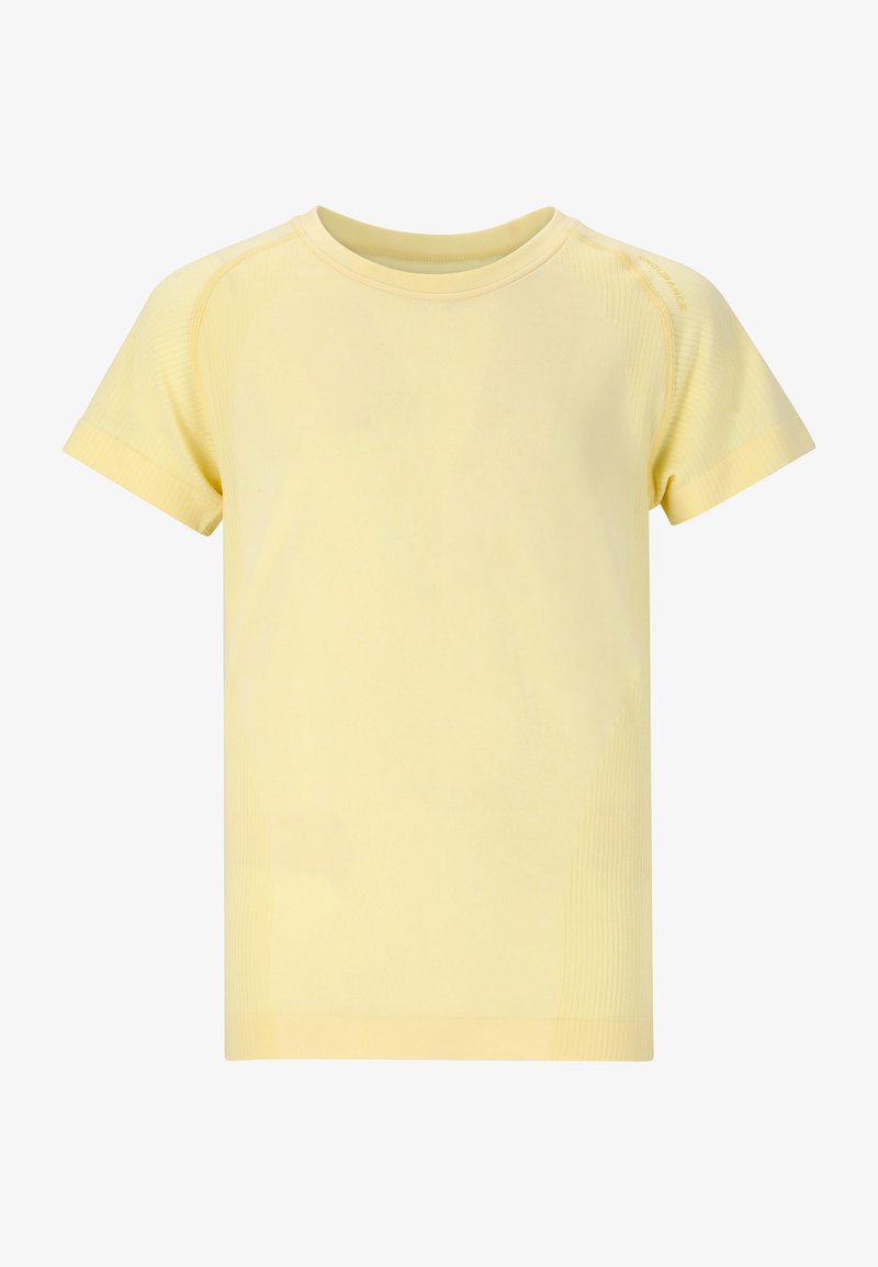 Helles gelbes T-Shirt mit kurzen Ärmeln und rundem Halsausschnitt, glatter Textur und dezenten Rippdetails an Schultern und Seiten.