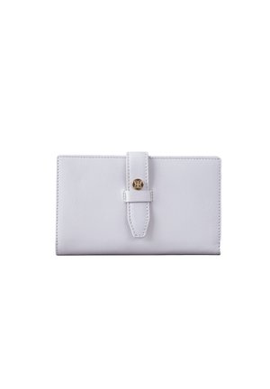 White leather wallet with a smooth texture, structured rectangular shape, a tab closure, and a gold-tone accent button on the front.