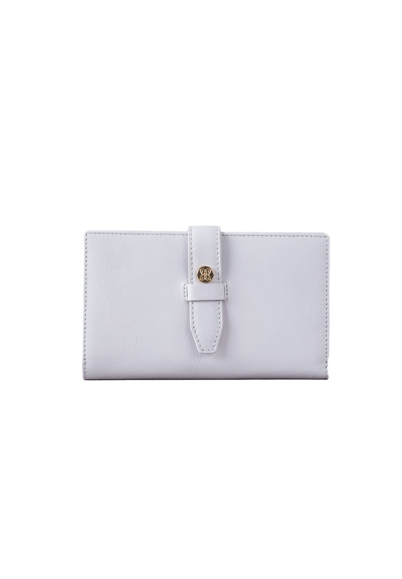 White leather wallet with a smooth texture, structured rectangular shape, a tab closure, and a gold-tone accent button on the front.