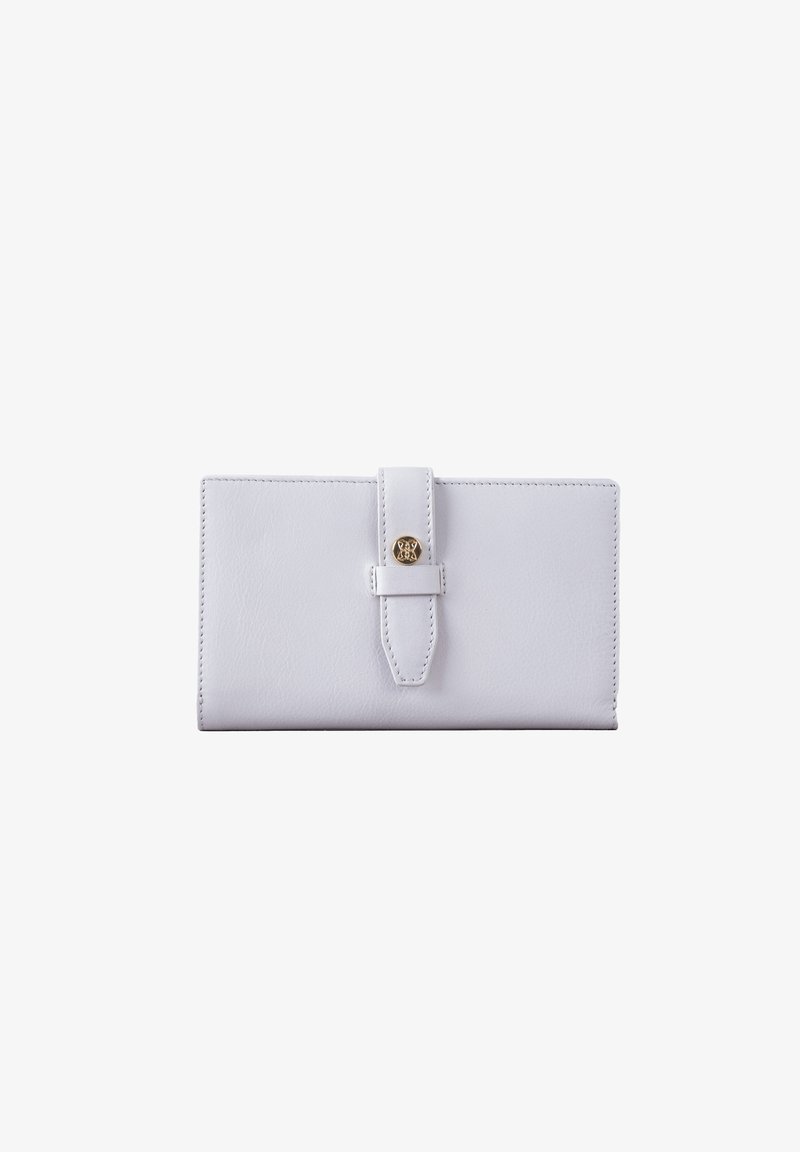 White leather wallet with a smooth texture, structured rectangular shape, a tab closure, and a gold-tone accent button on the front.