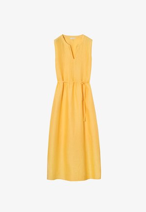 Vestido midi amarillo sin mangas con cuerpo plisado, escote en V y cinturón fino para atar en la cintura.