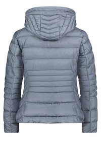 Grå isolerad jacka med huva, med kviltade horisontella mönster och elastiska manschetter. Slätt, glänsande material med en figurnära passform.