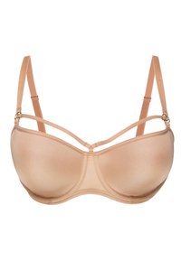 Béžový balkonový podprsenka s kosticemi, tvarovanými košíčky, nastavitelnými ramínky a dekorativními tenkými pásky přes vrch košíčků.