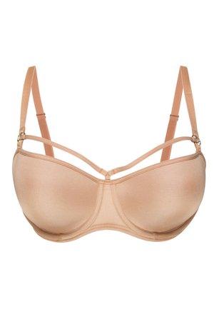 Beige Balconette-BH mit Bügel, geformten Cups, verstellbaren Schulterträgern und dekorativen dünnen Riemen über der Oberseite der Cups.