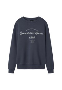 Námořnická modrá mikina s bílým textem "Jezdecký sportovní klub" a menším textem odkazujícím na dostihy, jezdectví, polo a Romu.