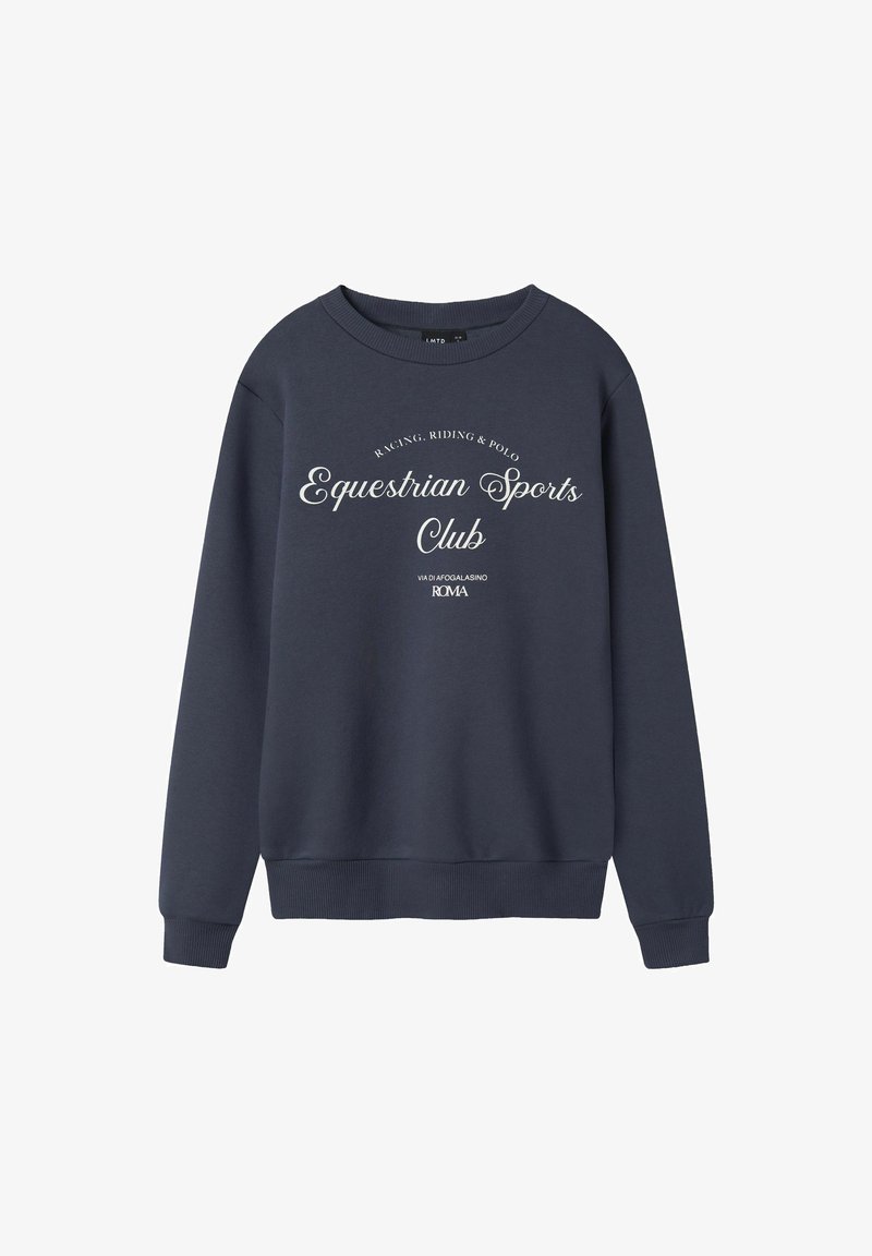 Sudadera de color azul marino con texto blanco que dice "Club de Deportes Ecuestres" y texto más pequeño que hace referencia a carreras, equitación, polo y Roma.