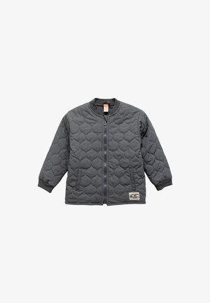 Gesteppte graue Jacke mit Front-Reißverschluss, gerippten Bündchen und rundem Kragen. Verfügt über zwei seitliche Taschen und ein Stoffetikett auf der unteren Vorderseite.