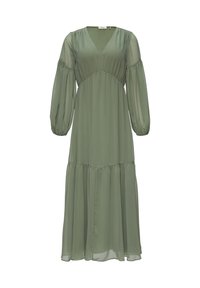 Robe midi fluide en vert olive, fabriquée en chiffon léger. Présente des manches bouffantes et un corsage ajusté avec une jupe à volants. Design en V.