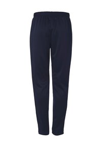 Marineblauwe broek met elastische tailleband, een gladde textuur, taps toelopende benen en zonder extra patronen of accenten, geschikt voor casual gebruik.