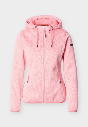 Ροζ μπουφάν με κουκούλα και λευκό διαμάντι στο μοτίβο, φερμουάρ μπροστά, ρυθμιζόμενη κουκούλα με κορδόνι και τσέπες στα πλάγια με φερμουάρ.