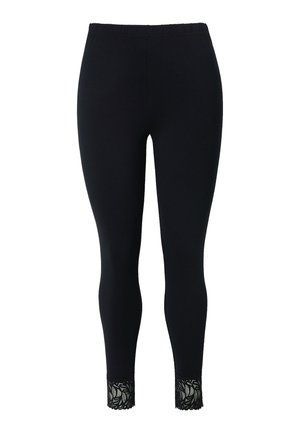 Zwarte leggings met een elastische tailleband en ingewikkelde kanten details bij de enkels, gemaakt van een zachte, rekbare stof.