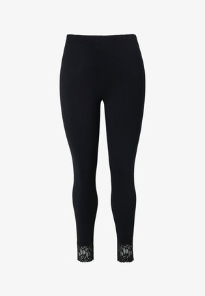 Leggings neri con una cintura elastica e dettagli in pizzo intricati ai polsini delle caviglie, realizzati in un tessuto morbido e elasticizzato.