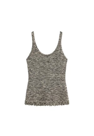 Bezrekawnik swetrowy w szare i czarne melanżowe paski z okrągłym dekoltem i falbanką u dołu.