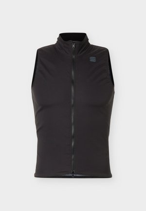 Schwarze ärmellose Weste mit Frontreißverschluss und hohem Kragen, mit einem kleinen reflektierenden Logo auf der linken Brust.