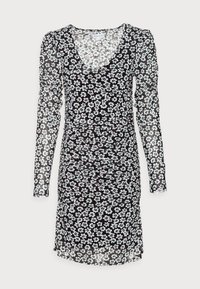 Schwarzes Blumenkleid mit langen Ärmeln, transparentem Stoff, gerafften Seiten und einem weißen sowie mintfarbenen Blumenmuster. V-Ausschnitt-Design.