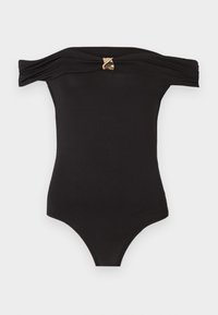 Czarny bodysuit na ramiączkach z marszczonymi rękawami i złotym ozdobnym zapięciem na środku dekoltu.