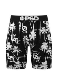 Black boxer briefs feature white palm tree and text print, elastic waistband with "PSD" logo, slim fit design, and soft material.
