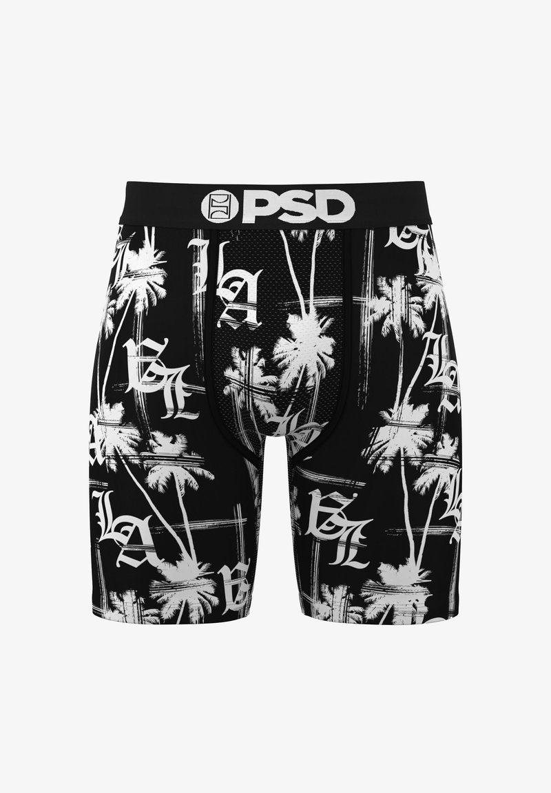 Black boxer briefs feature white palm tree and text print, elastic waistband with "PSD" logo, slim fit design, and soft material.