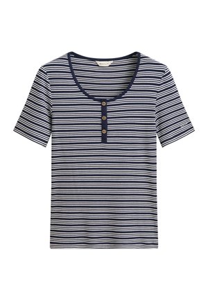Cămașă cu dungi orizontale albastre și albe, cu mâneci scurte, decolteu rotund și trei nasturi decorativi pe fenta frontală.