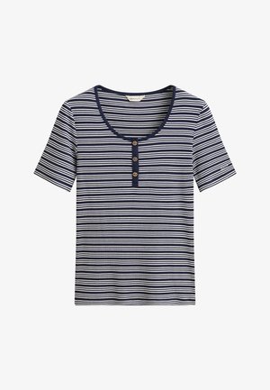 Tumši zila un balta horizontāli svītraina īsroku krekls ar apaļu izgriezumu kaklā un trim dekoratīviem pogām uz priekšējās ailes.