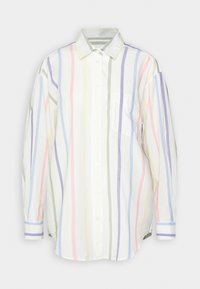 Chemise à manches longues rayée en blanc, avec des rayures horizontales pastel en rose, vert et bleu, dotée d'une patte de boutonnage et d'une poche poitrine.